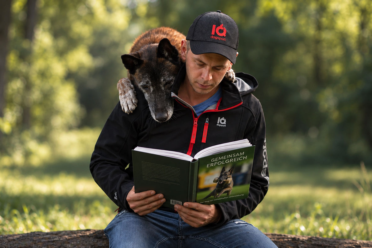 Malinois schaut über Schulter eines Mannes mit Buch zu Obedience Unterordnung