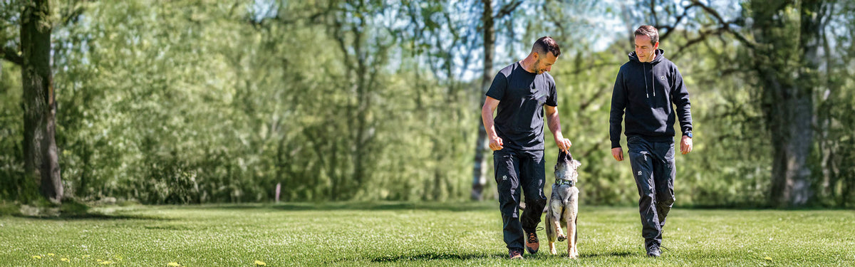 Zwei Männer in schwarzen IQ Hundesporthosen mit einem Hund auf einer Wiese.