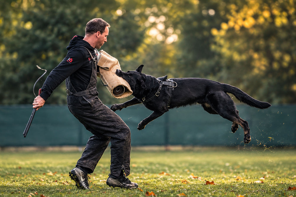 Dr. Florian Knabl im Schutzdienst-Training mit schwarzem Schäferhund am Schutzarm
