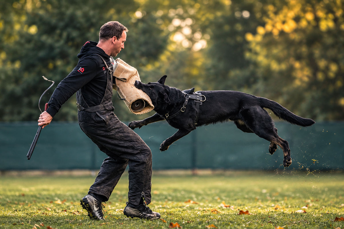 Dr. Florian Knabl im Schutzdienst-Training mit schwarzem Schäferhund am Schutzarm