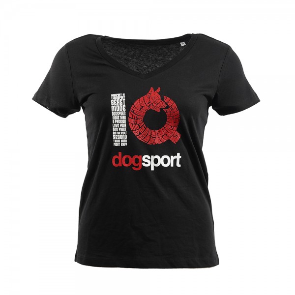 Schwarzes tailliertes T-Shirt mit V-Kragen und IQ Dogsport Logo