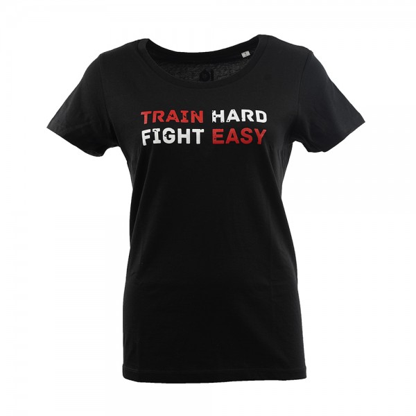 T-Shirt schwarz tailliert Rundhals Slogan "Train hard - fight easy"